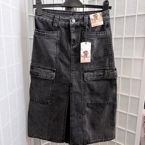 Sincerely Jules Charcoal Cargo dark wash denim Midi Skirt